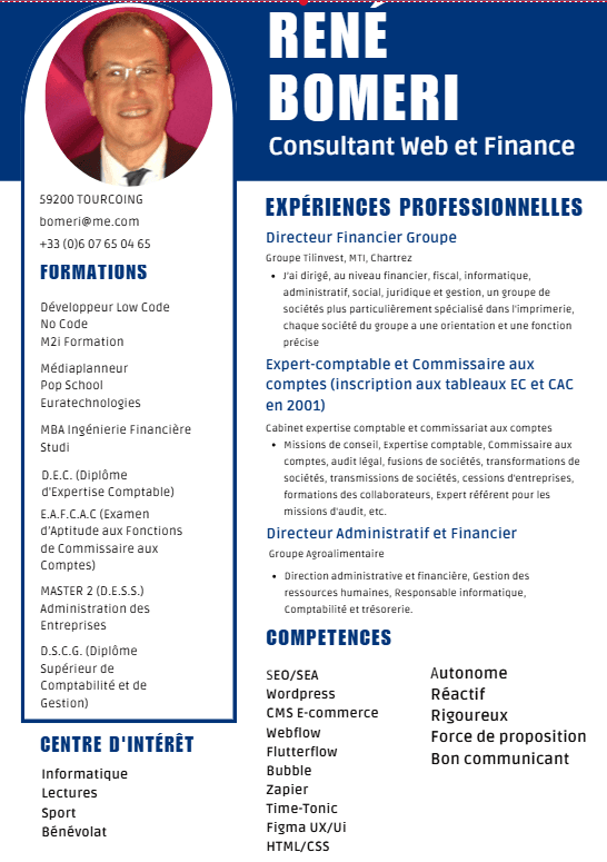 CV du dirigeant, René Bomeri, développeur web, diplômé Commissaire aux comptes, diplômé Expert-comptable.